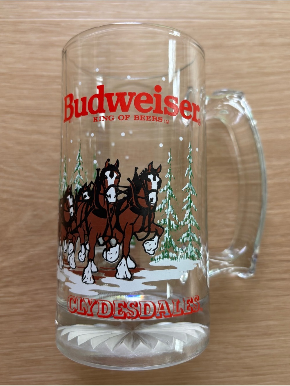 1989 Budweiser Red and Brown Clydesdales Glass Beer Stein